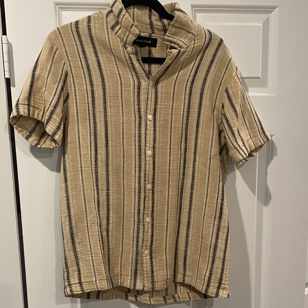 PacSun Men's Casual Beige and Black Striped Shirt